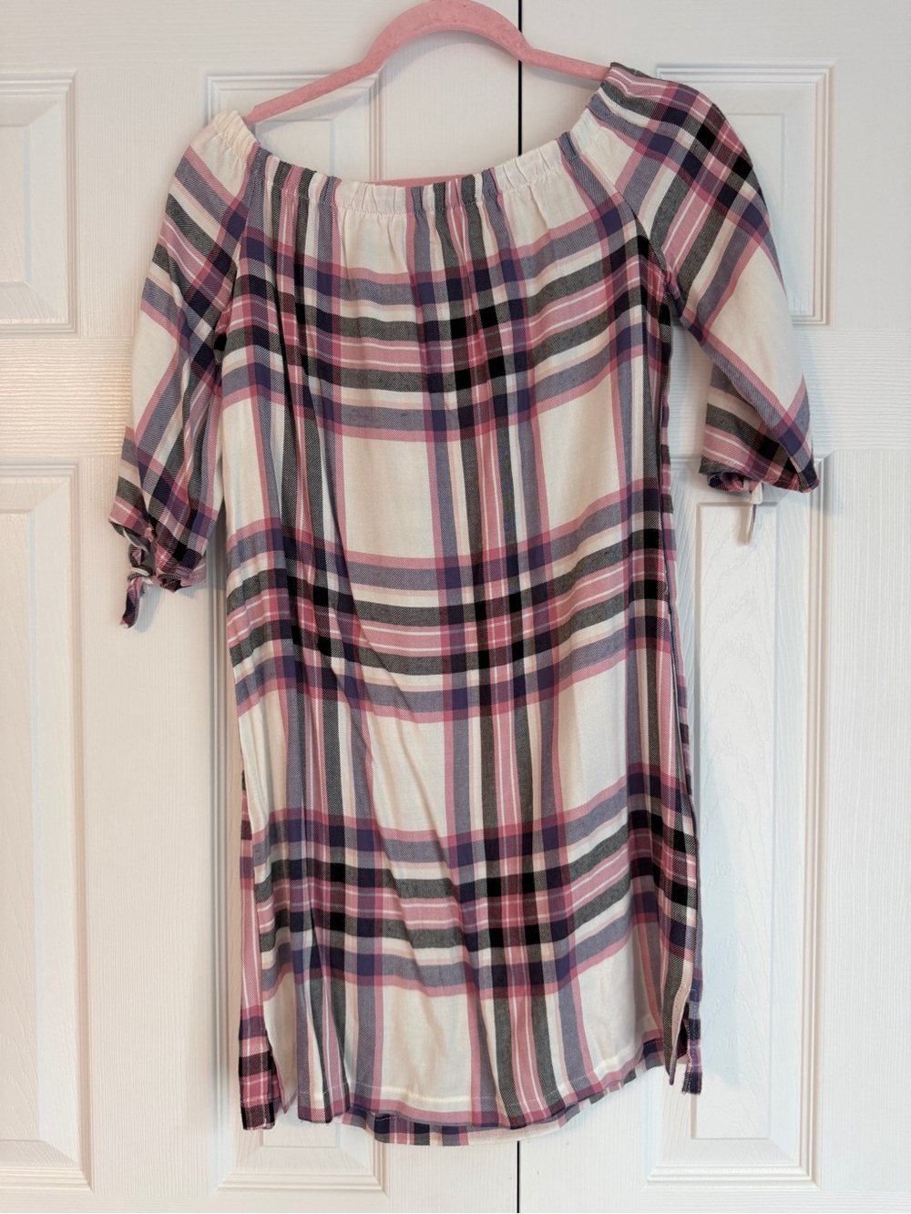 Blue Rain Plaid Off-Shoulder Mini Dress in Pink, White, Gray